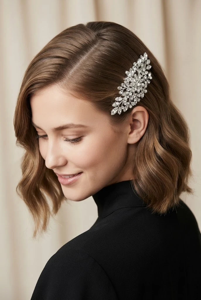 Pinned-Back Side Part with a Crystal Clip — Graduation hairstyles for short hair style outfit