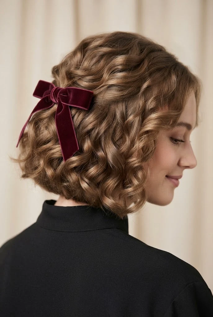 Voluminous Curls with a Velvet Bow — Graduation hairstyles for short hair style outfit