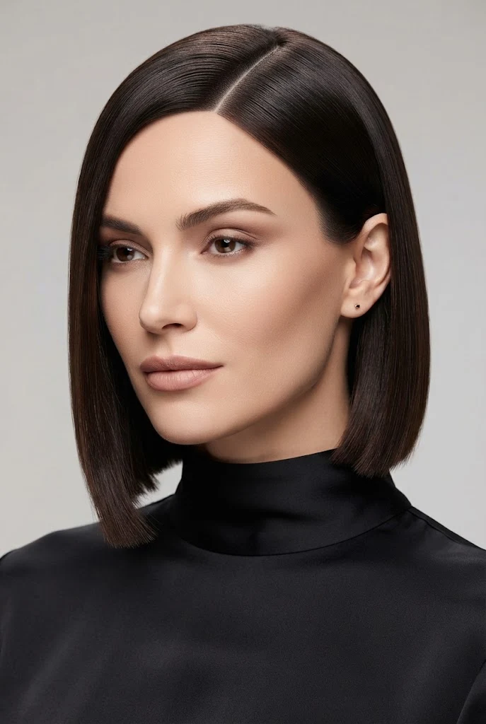 Sleek Glass Bob with a Deep Side Part — gradution hairstyle short hair style outfit