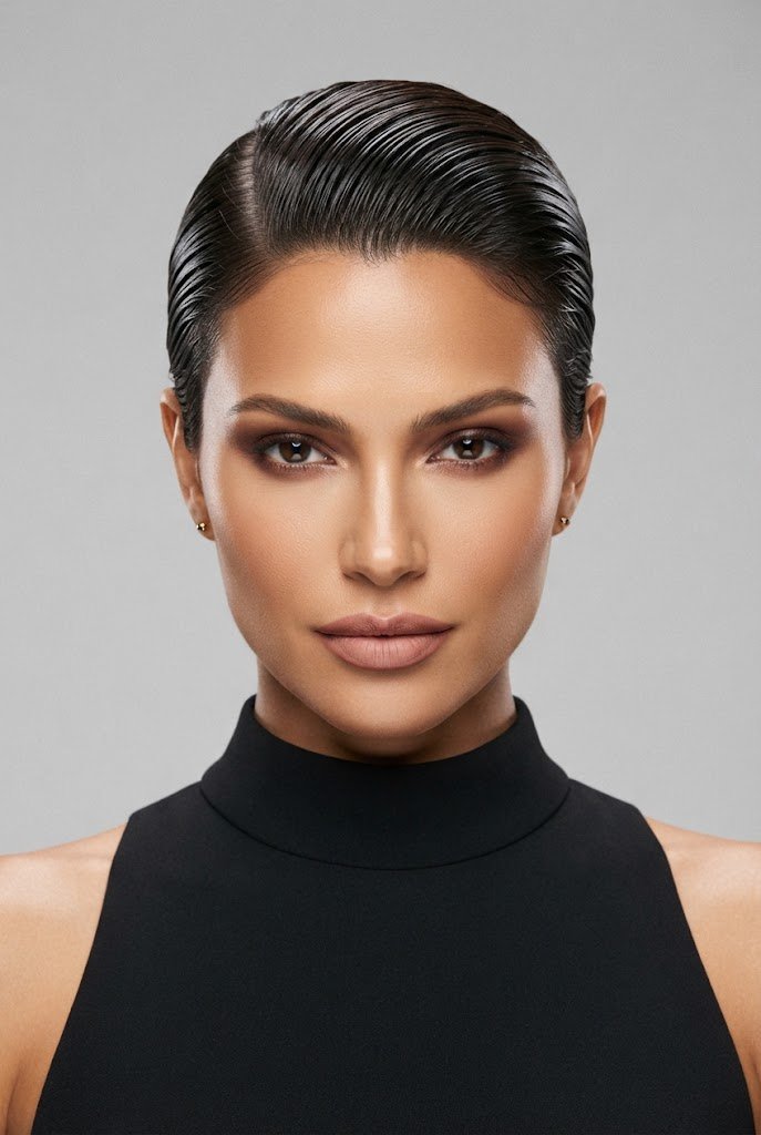 Modern Wet-Look Slicked Back Crop — gradution hairstyle short hair style outfit
