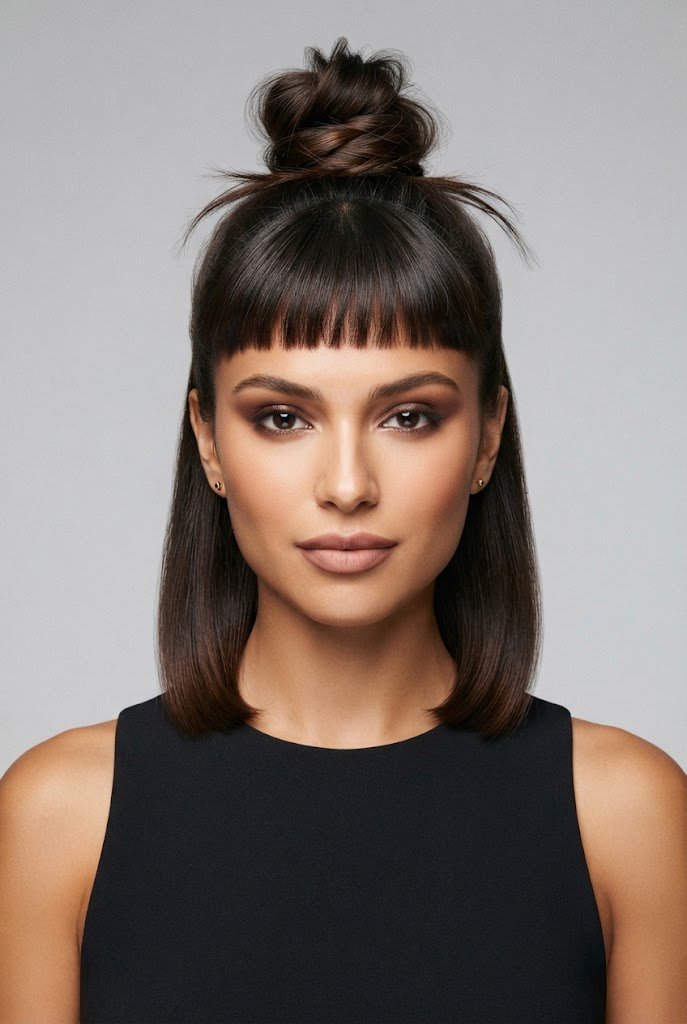 Half-Up Top Knot with Micro-Fringe — gradution hairstyle short hair style outfit