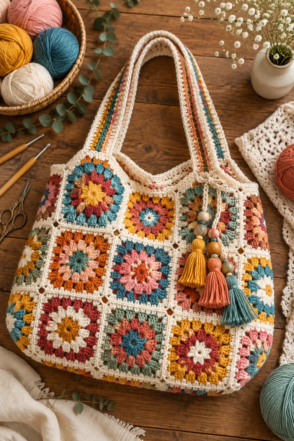 Boho Multicolor Market Bag — granny square bag crochet style outfit