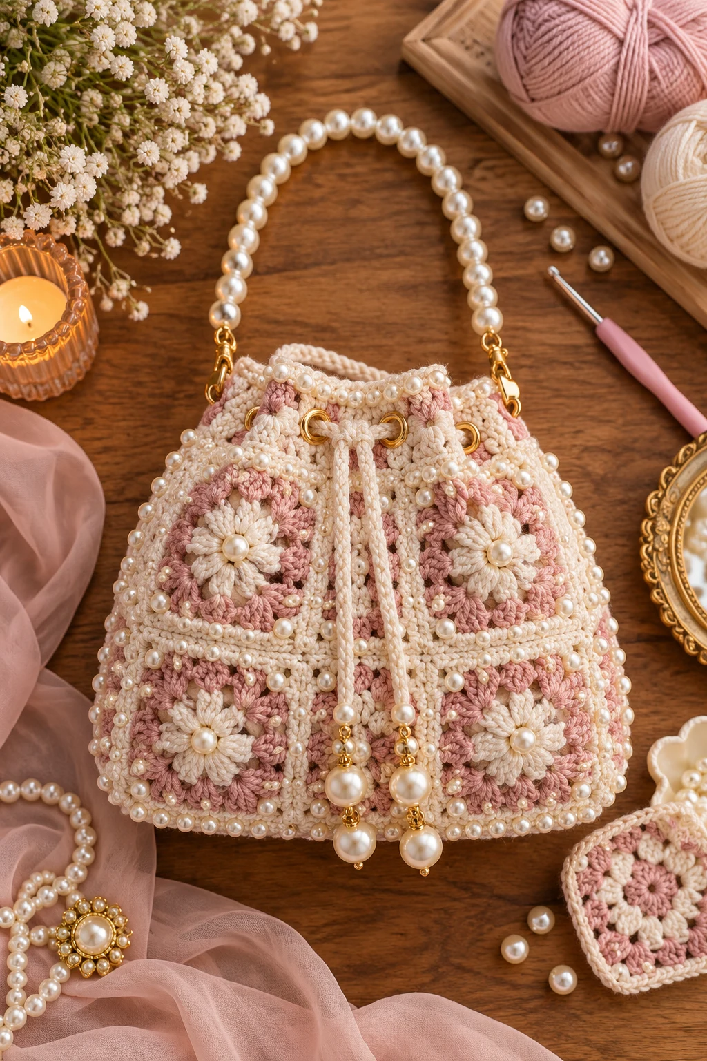 Pearl-Trimmed Evening Purse — granny square bag crochet style outfit