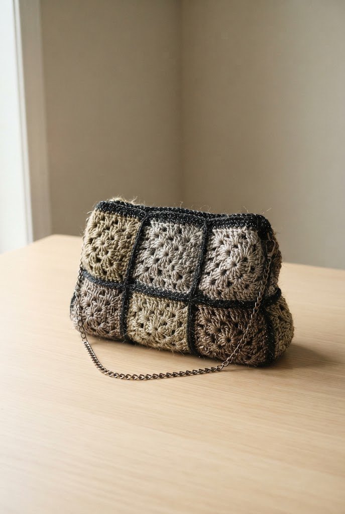 Metallic Glam Evening Bag — Granny square bag crochet style outfit