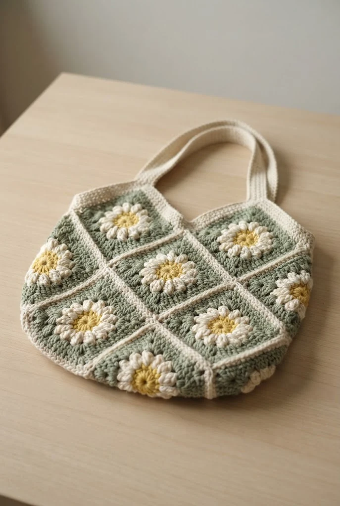 Daisy Meadow Market Bag — Granny square bag crochet style outfit