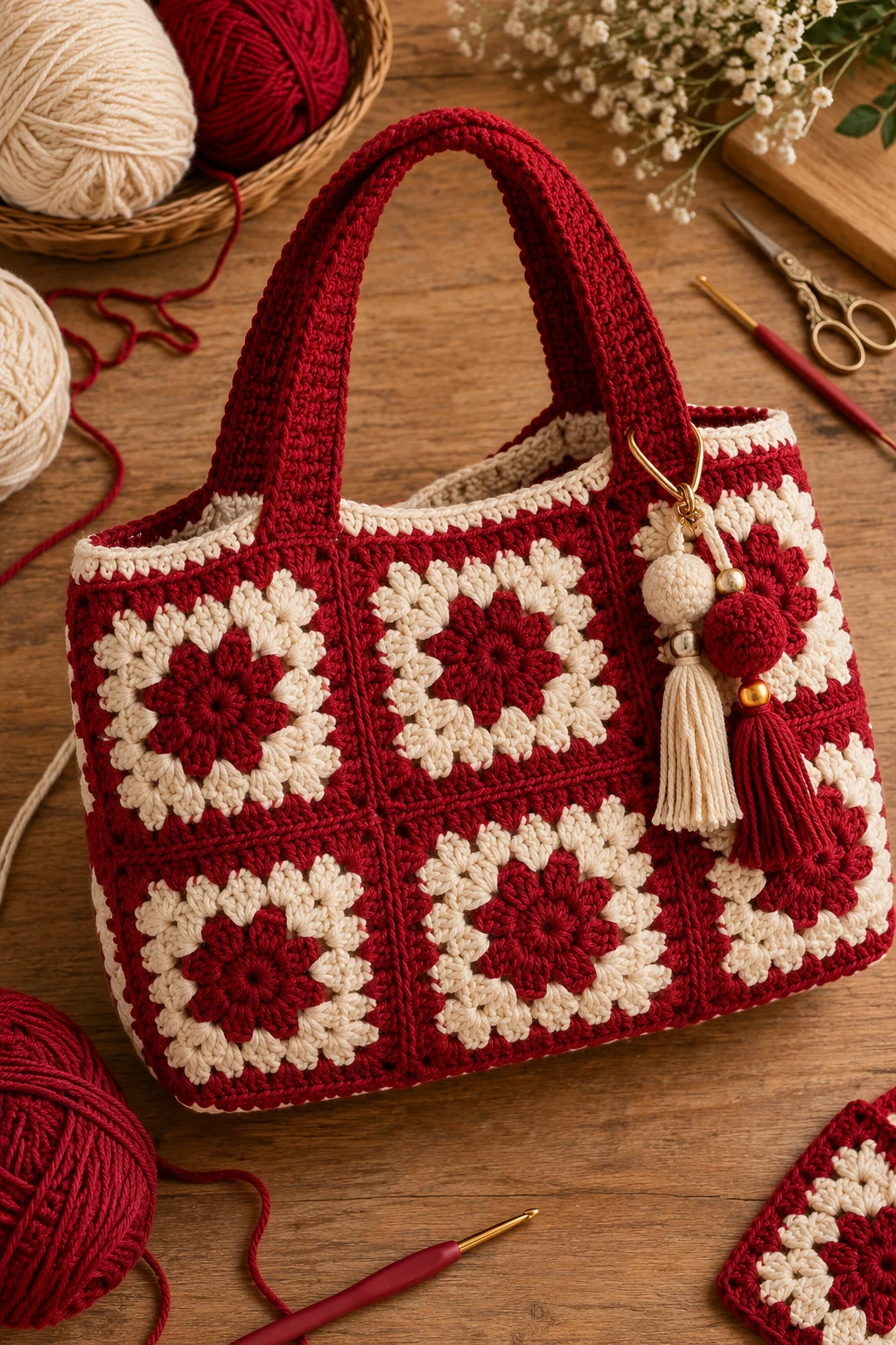 Cherry Red and Cream Statement Bag — granny square bag crochet style outfit
