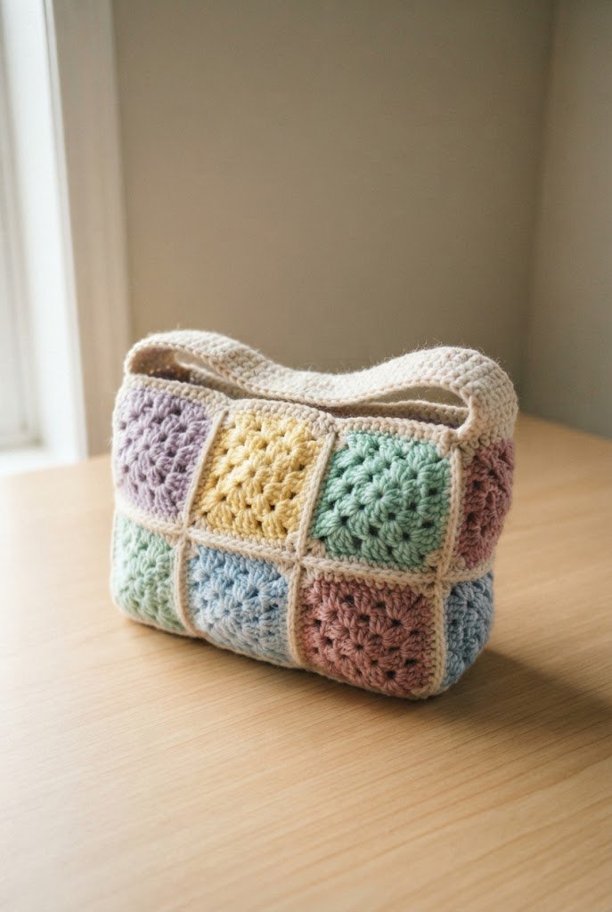Pastel Y2K Shoulder Purse — Granny square bag crochet style outfit