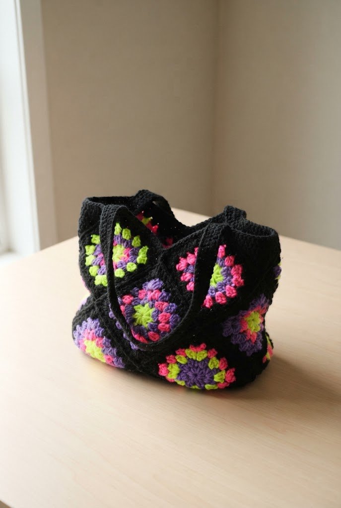 Classic Black and Neon Pop — Granny square bag crochet style outfit