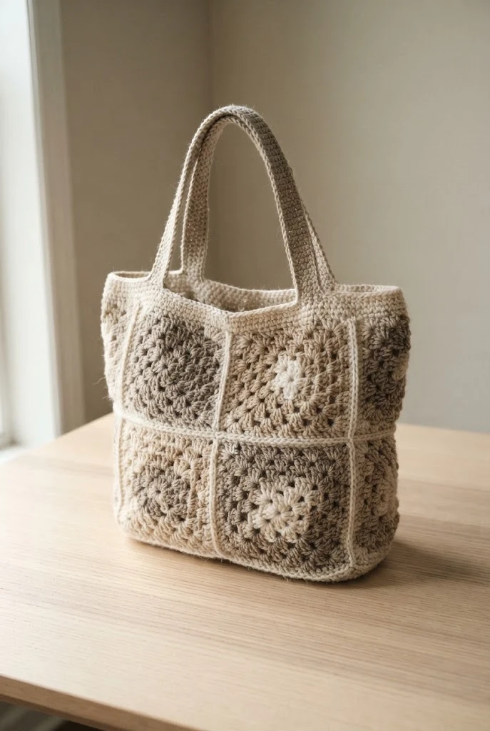 Monochromatic Neutral Tote — Granny square bag crochet style outfit