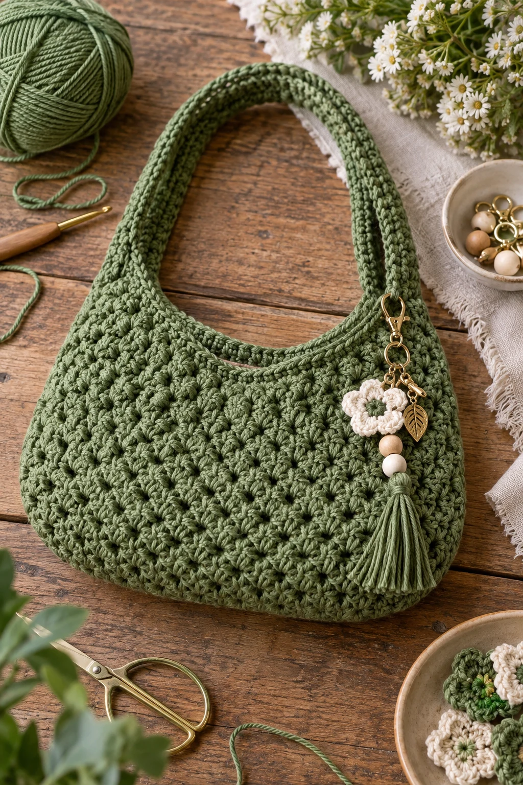 Green Crochet Bag With a Charm — green crochet bag style outfit
