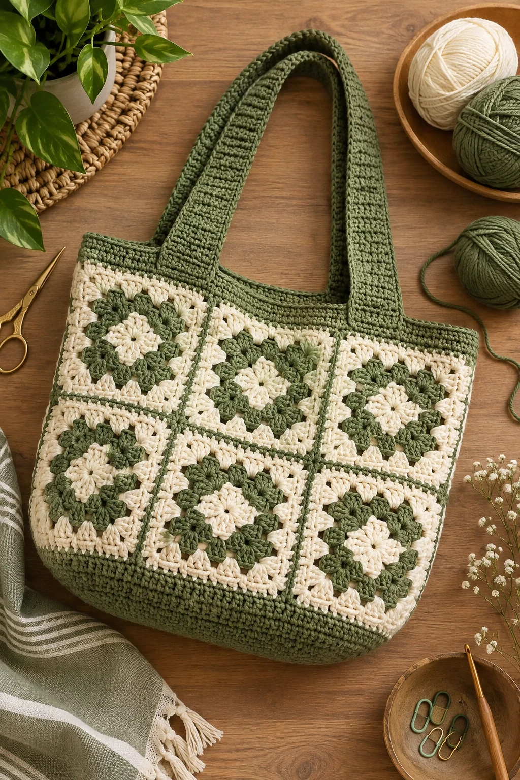 Green-and-Cream Crochet Tote — green crochet bag style outfit