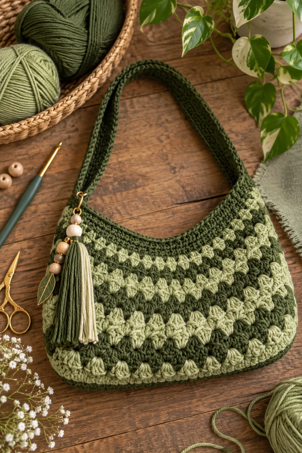 Two-Tone Green Crochet Shoulder Bag — green crochet bag style outfit