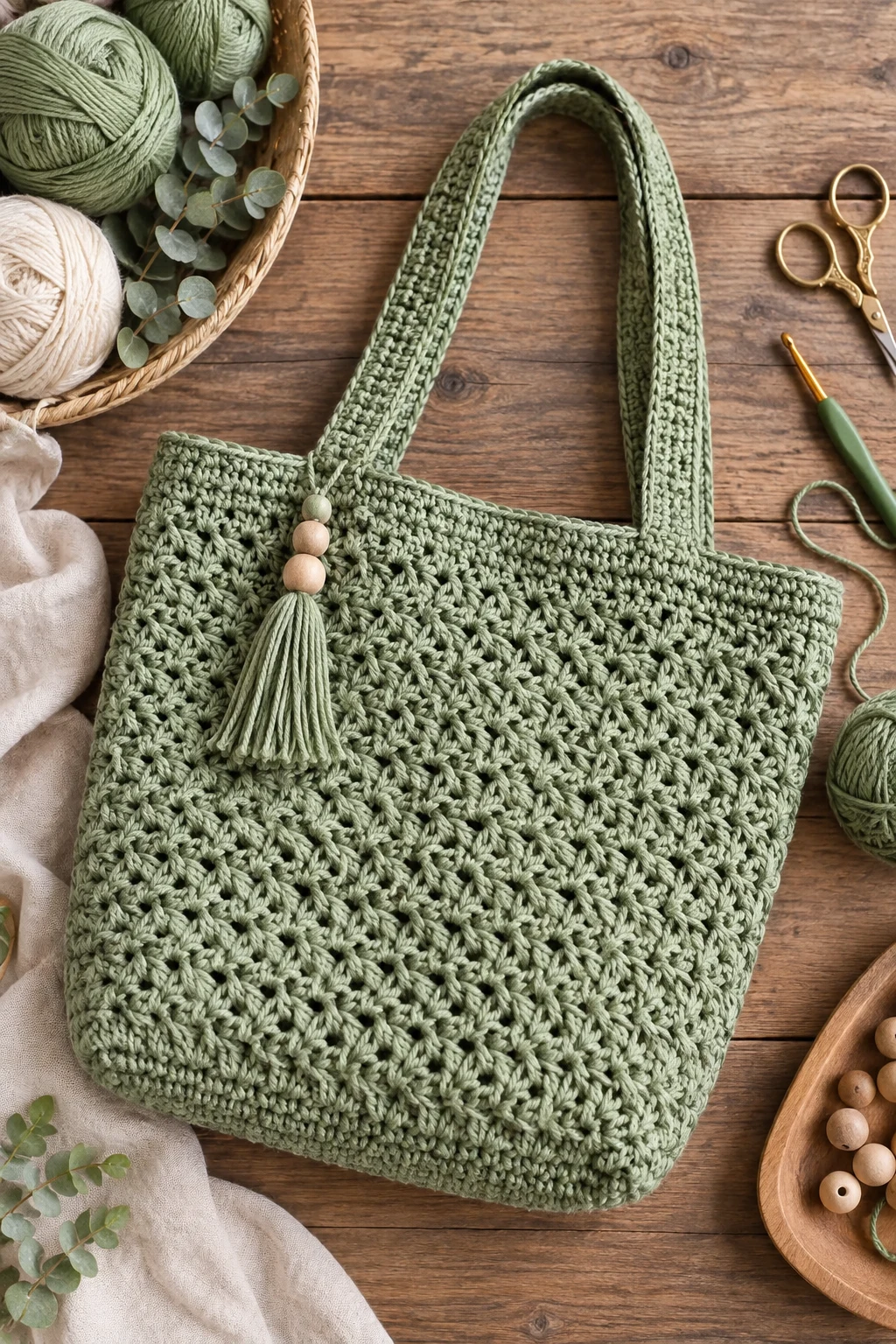 Sage Green Crochet Tote — green crochet bag style outfit