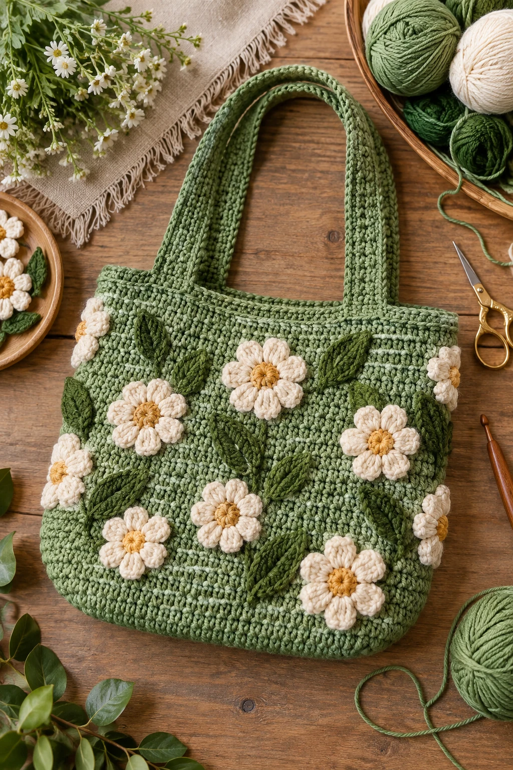 Green Crochet Bag With Flowers — green crochet bag style outfit