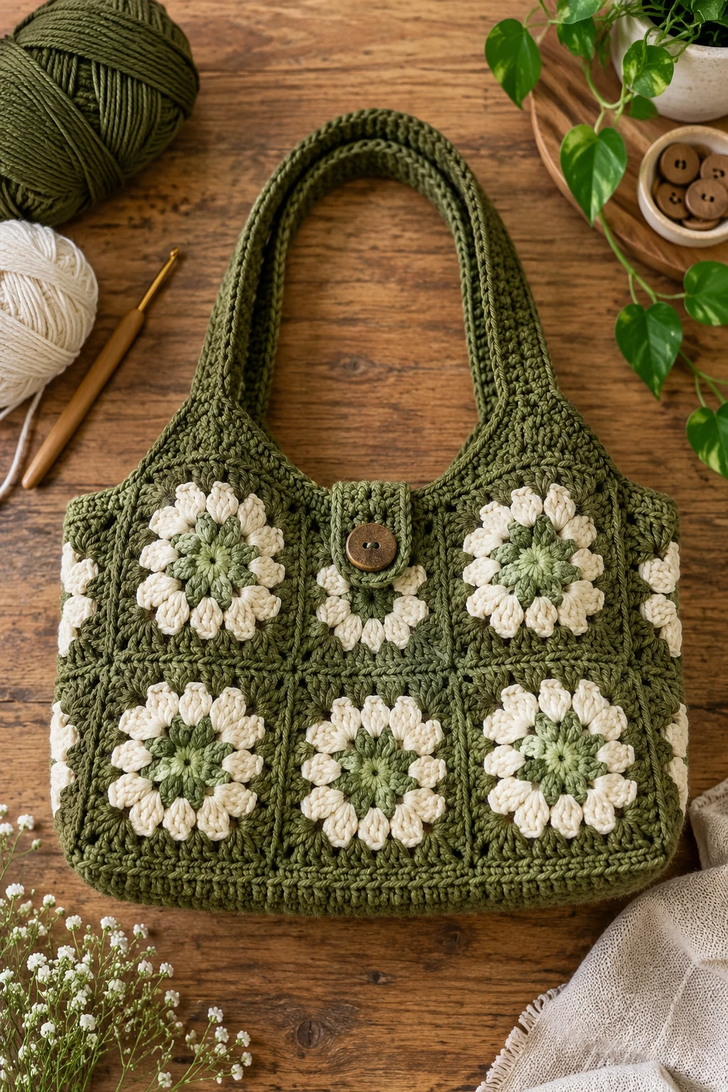 Olive Green Granny-Square Bag — green crochet bag style outfit