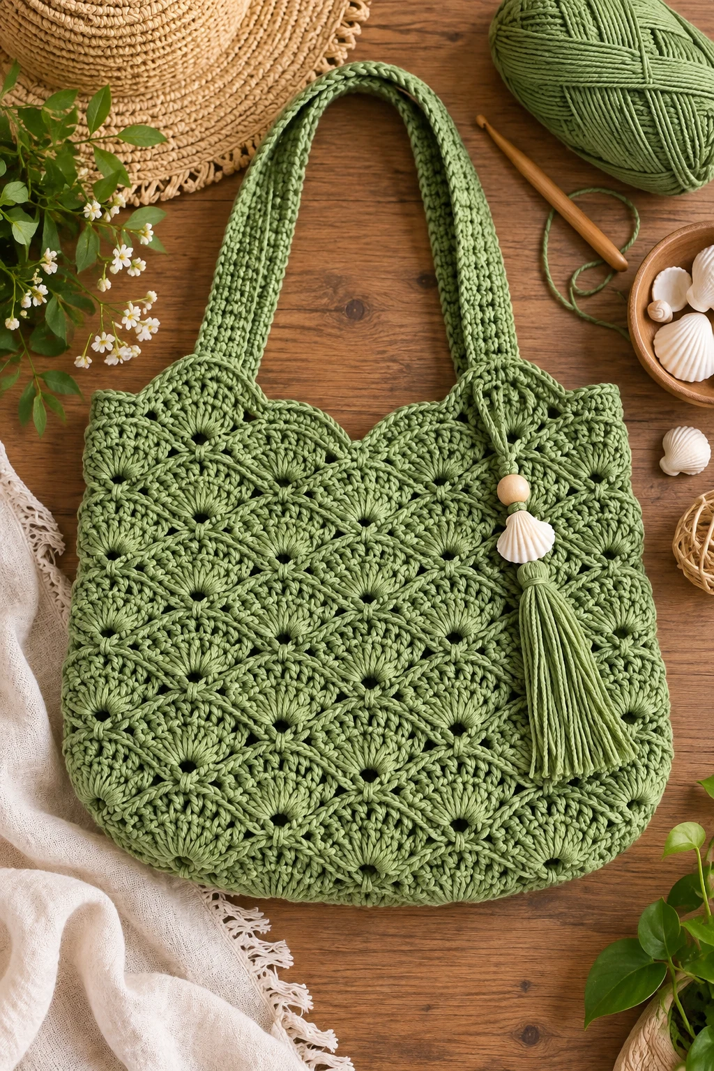 Green Crochet Shell Summer Bag — green crochet bag style outfit