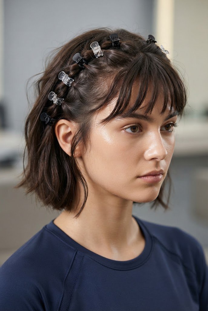 The Sweaty-Proof Mini Claw Clip Twist — gym hairstyles for short hair style outfit