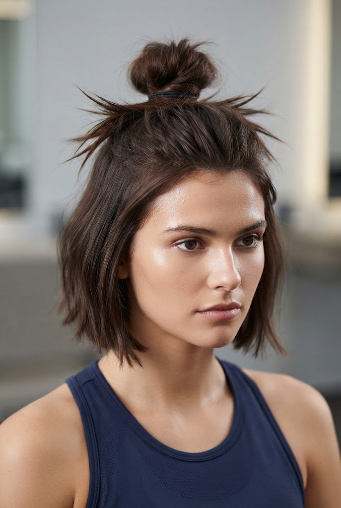 Textured Spiky Workout Bun — gym hairstyles for short hair style outfit