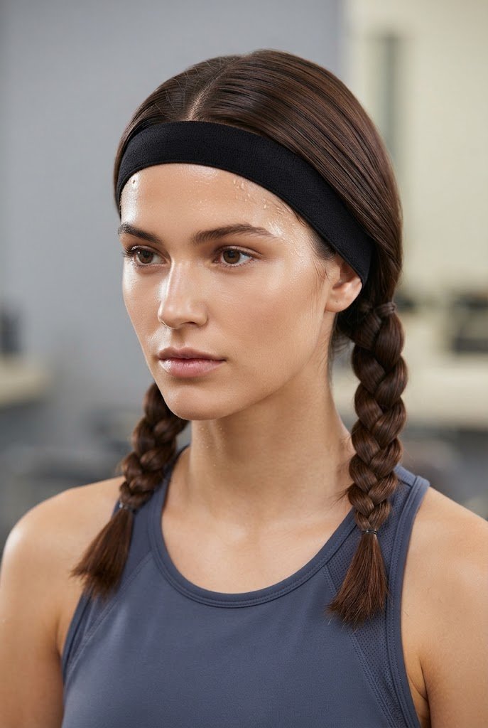 Low Braided Pigtails with Sweat Band — gym hairstyles for short hair style outfit