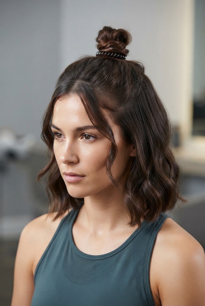 Secure Half-Up Gym Top Knot — gym hairstyles for short hair style outfit