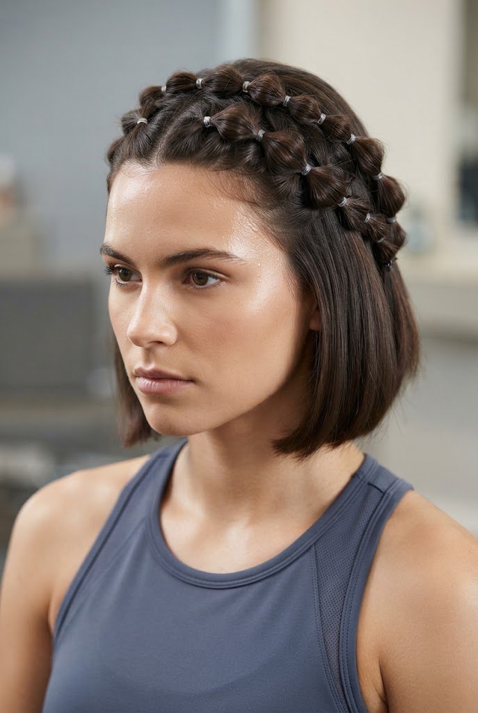 Pinned-Back Bubble Braid Crown — gym hairstyles for short hair style outfit