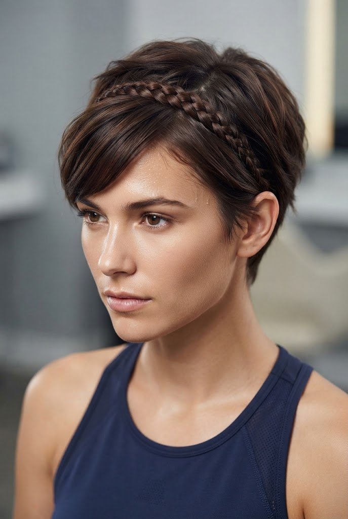 Braided Headband Pixie Sweep — gym hairstyles for short hair style outfit