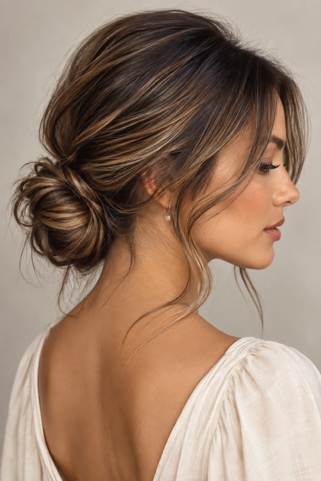 Low Textured Bun — hairstyles for medium length hair style outfit