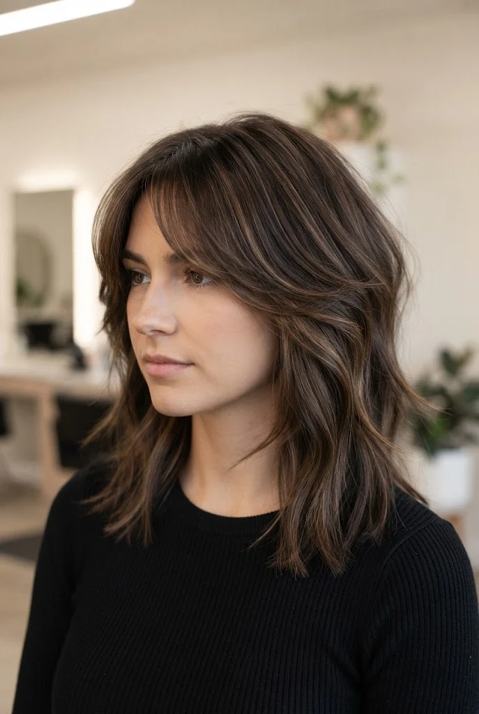 Feathered Layered Midi Cut — hairstyles for medium-short hair style outfit