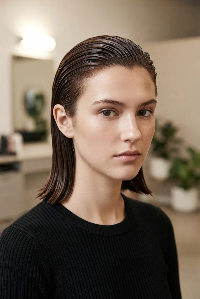 Wet-Look Slicked Midi — hairstyles for medium-short hair style outfit
