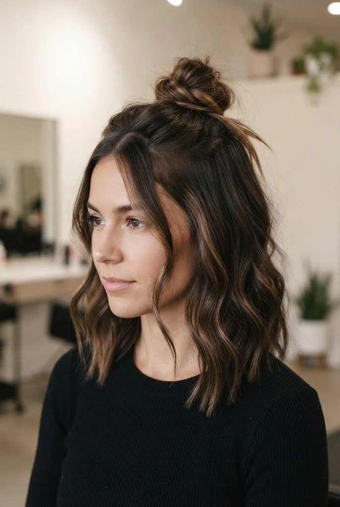 Effortless Half-Up Top Knot — hairstyles for medium-short hair style outfit