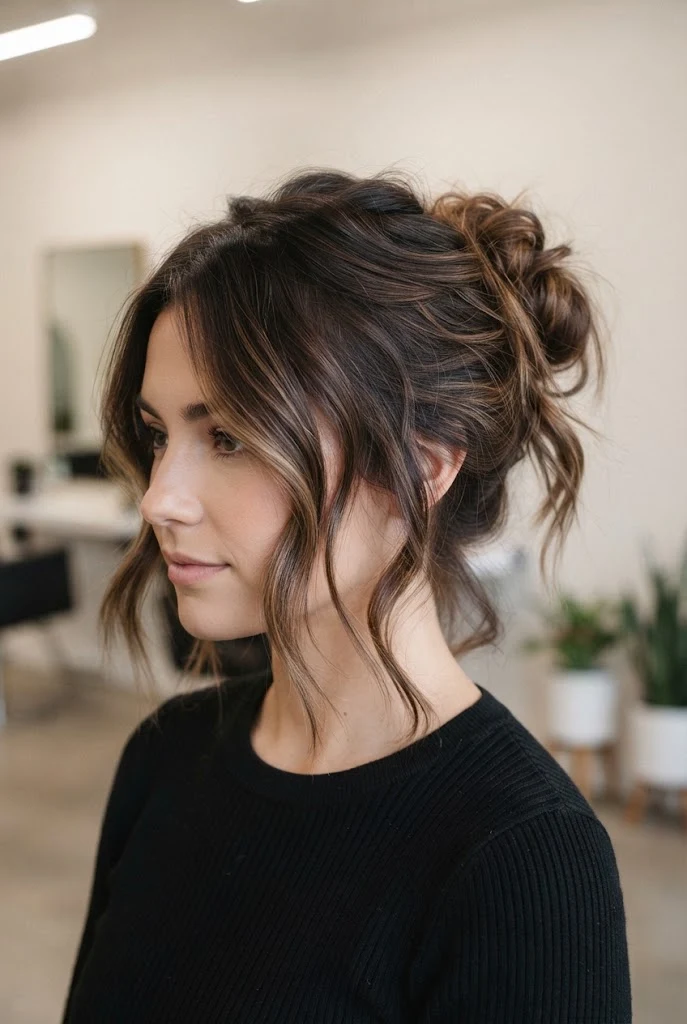 Messy Textured Bun for Medium-Short Lengths — hairstyles for medium-short hair style outfit