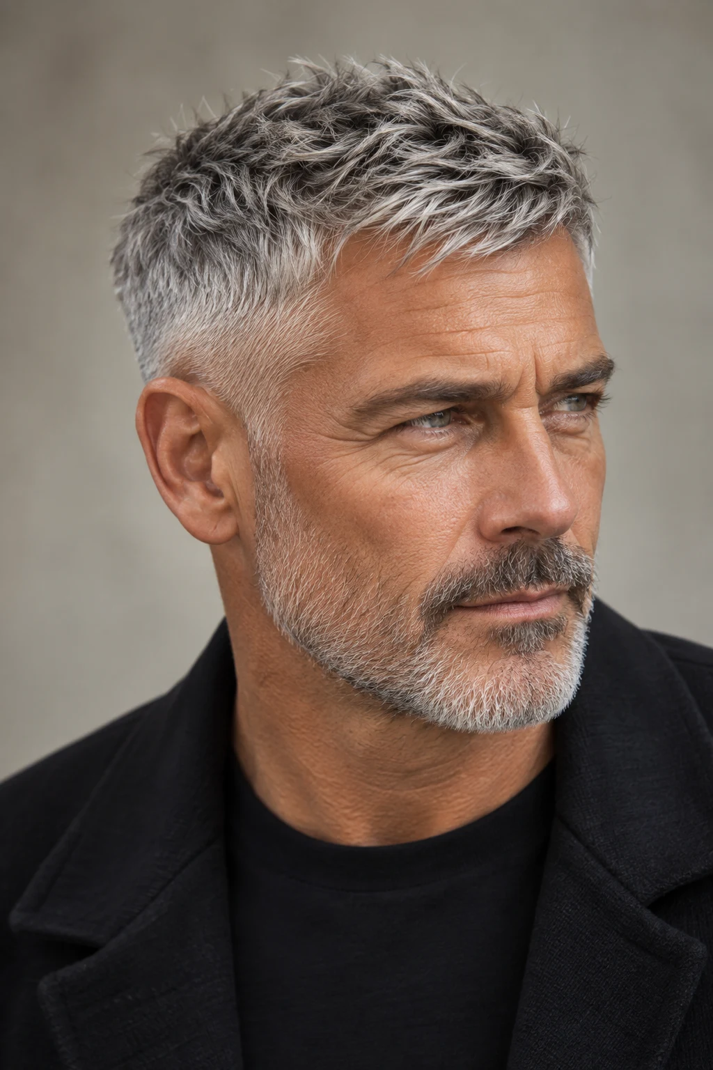 Silver Textured Crop for Men Over 50 — Hairstyles for Men style outfit, worn by a stylish man