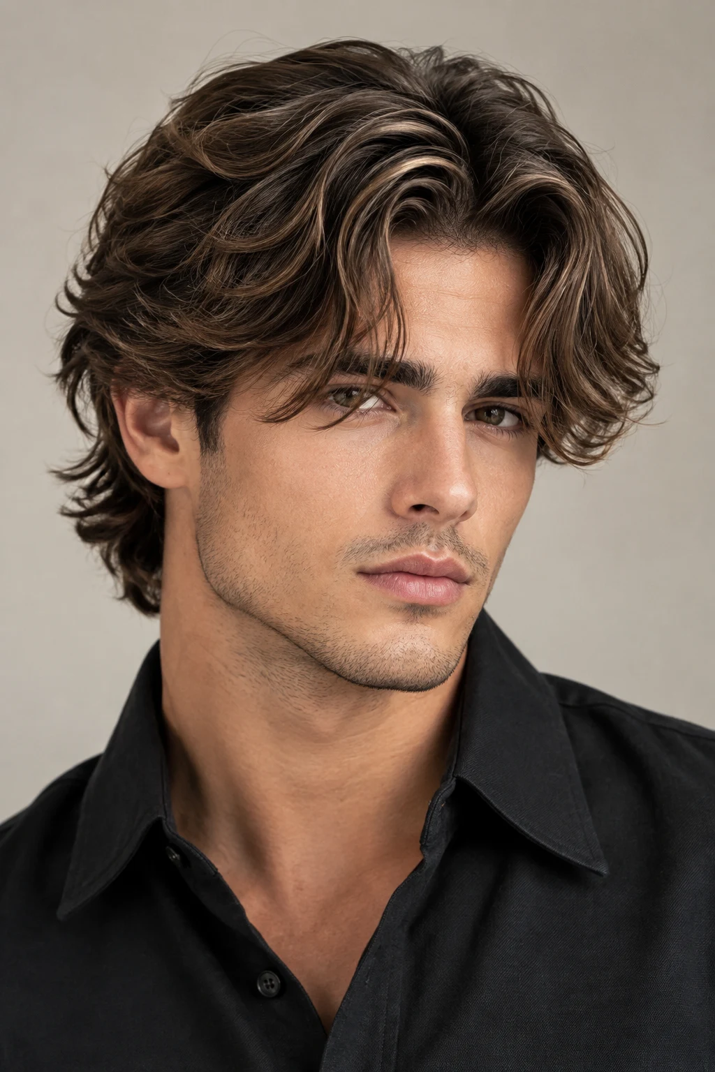 Medium-Length Curtains — Hairstyles for Men style outfit, worn by a stylish man