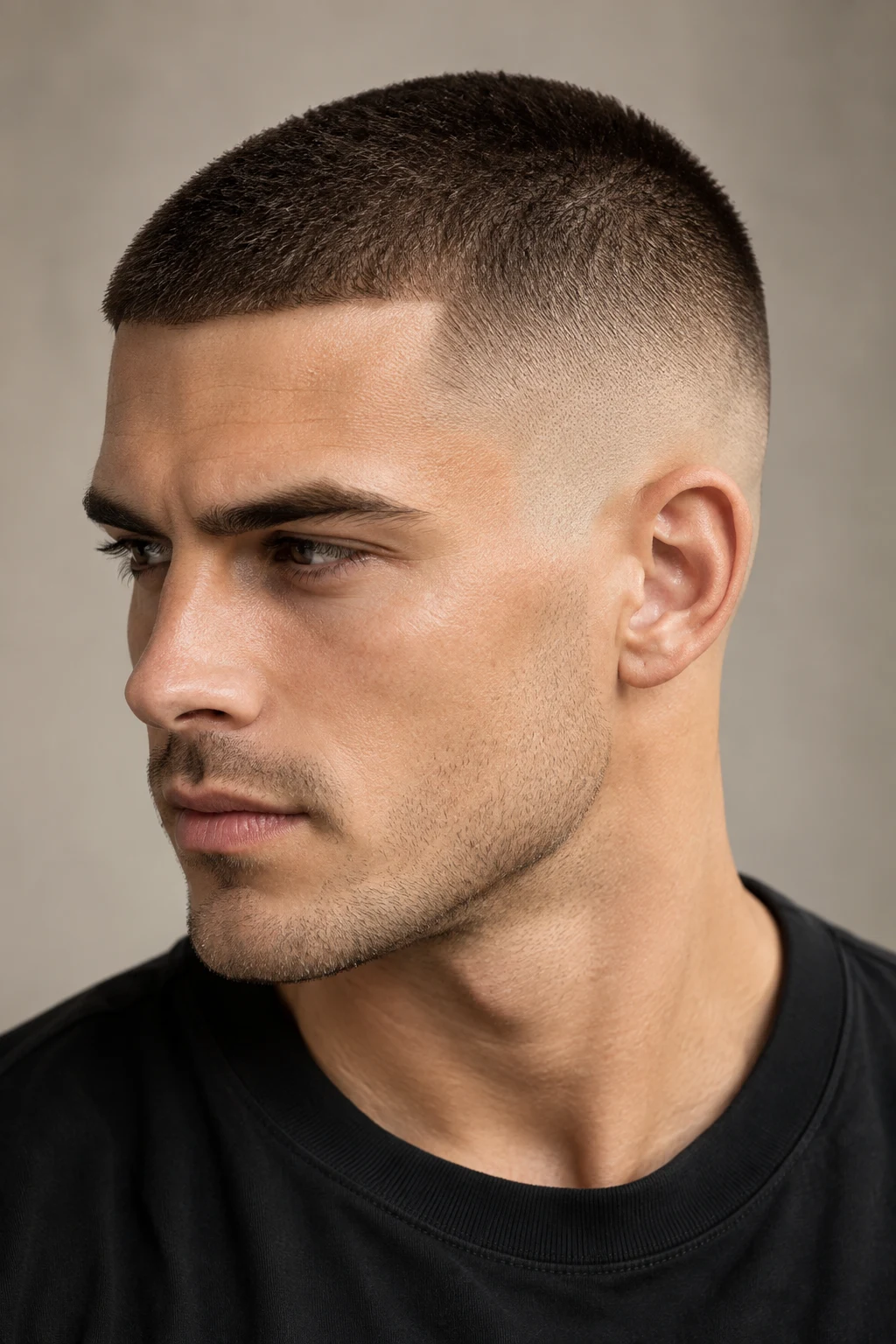 Buzz Cut With Skin Fade — Hairstyles for Men style outfit, worn by a stylish man