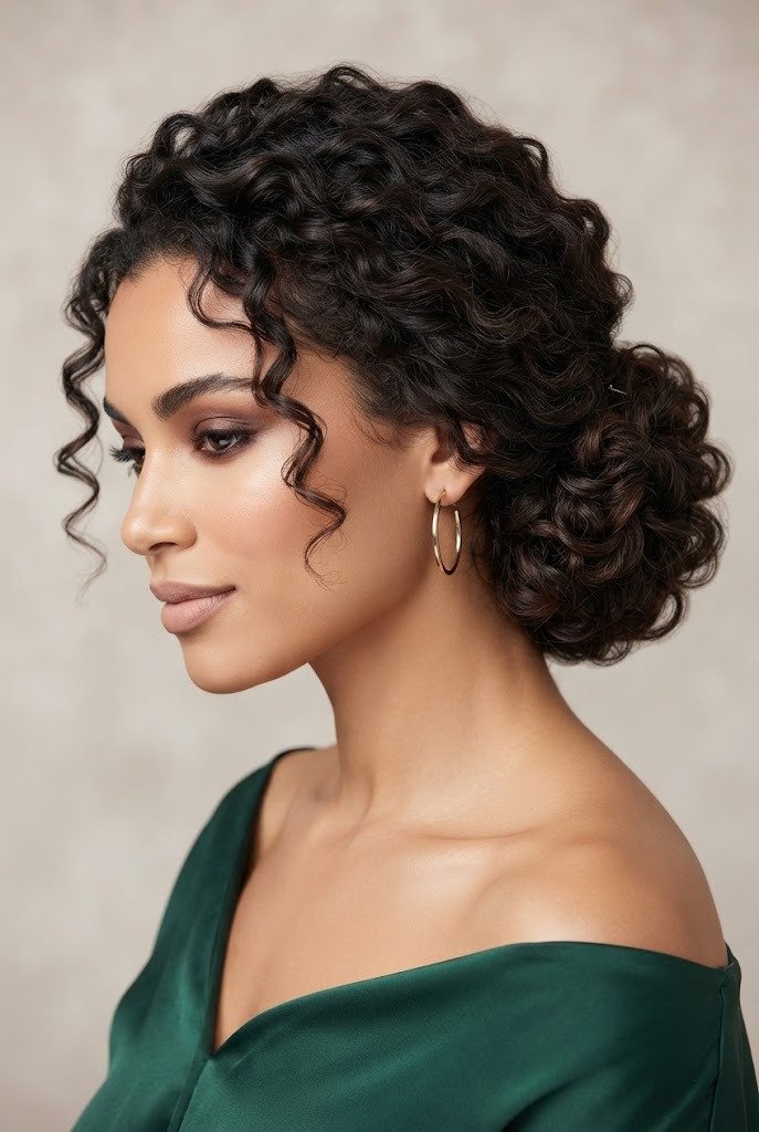 Low Side-Swept Loose Chignon — hairstyles for short curly hair easy style outfit