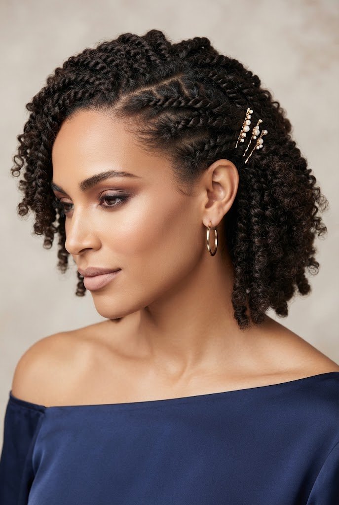 Side-Pinned Twisted Twisties — hairstyles for short curly hair easy style outfit