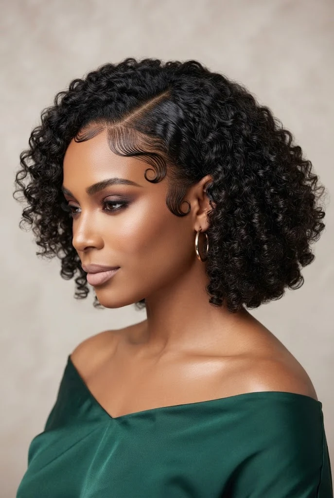 Sleek Baby Hair Swirls with Side Part — hairstyles for short curly hair easy style outfit