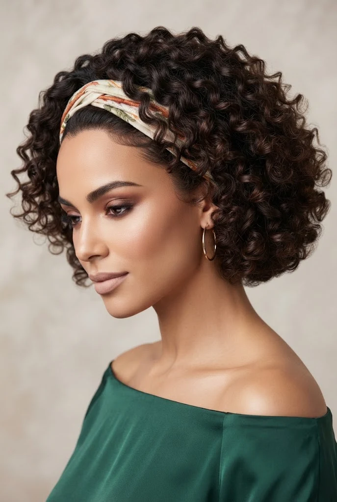 Headband-Wrapped Boho Curls — hairstyles for short curly hair easy style outfit