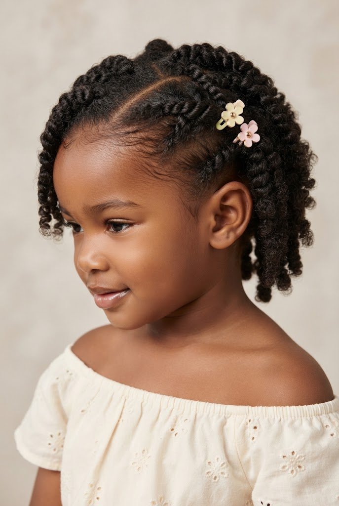 Pinned-Back Side Twists for Toddlers — hairstyles for short curly hair easy style outfit