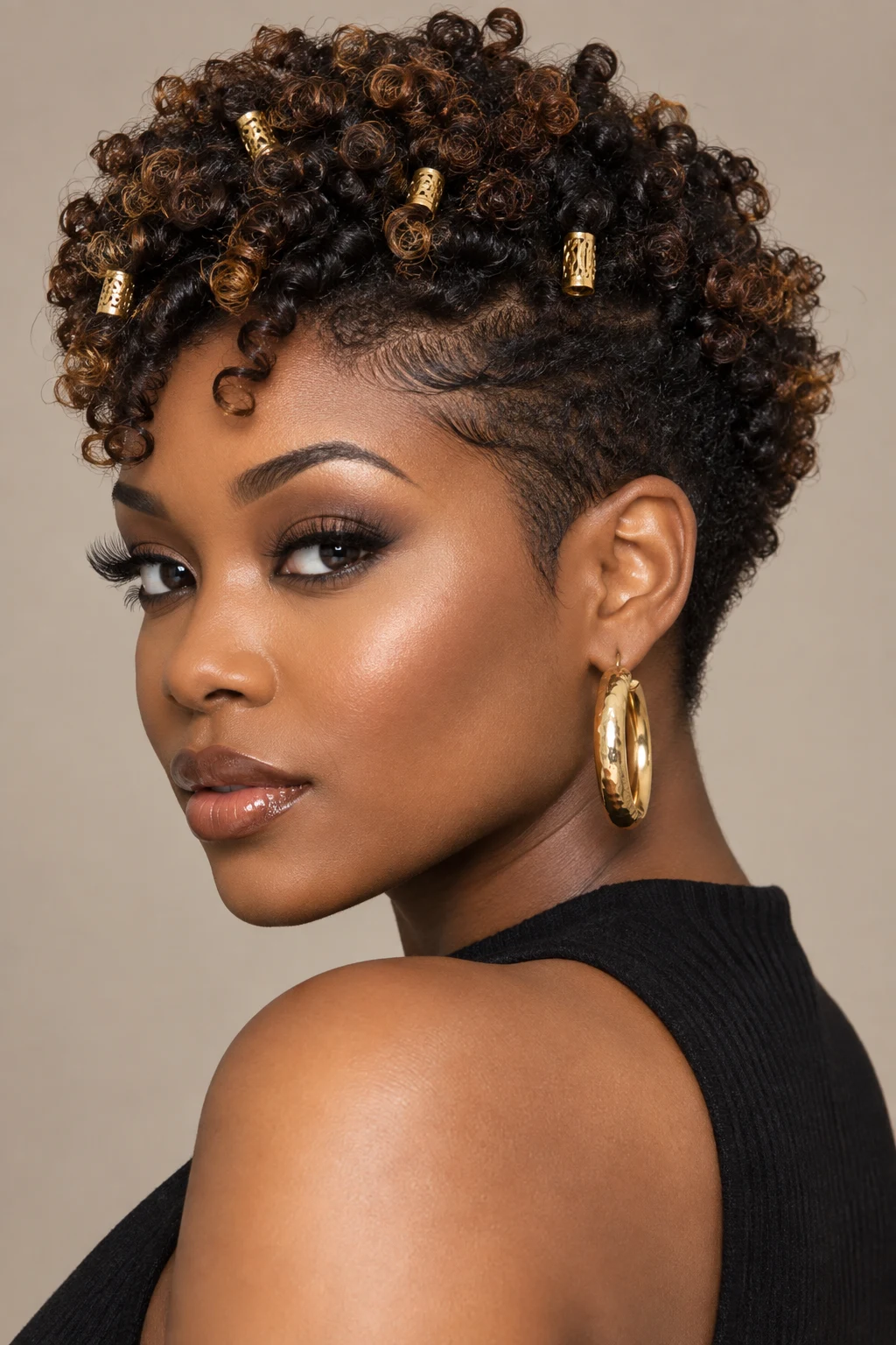 Tapered Curls With Gold Cuffs — hairstyles for short hair black women style outfit