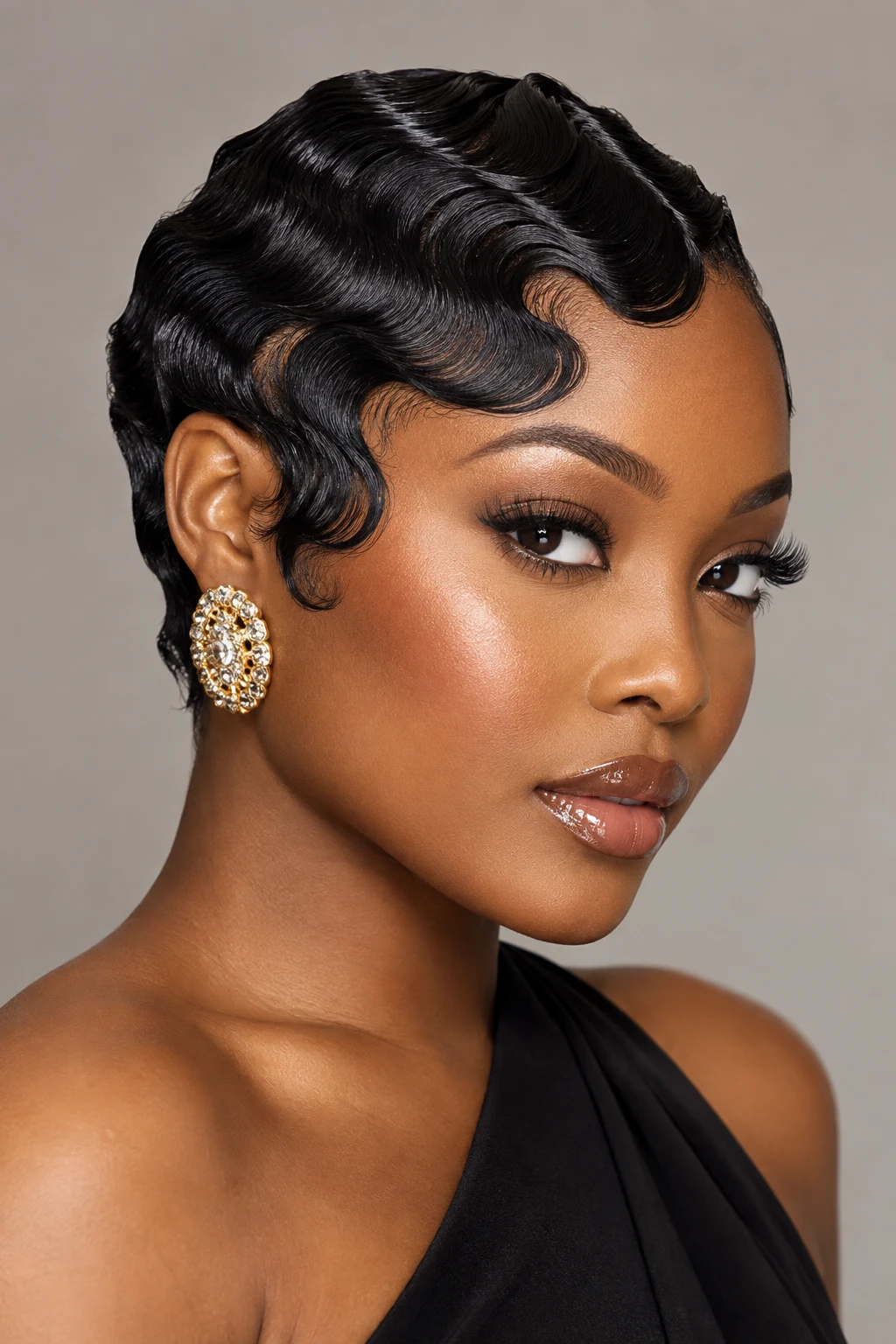 Glossy Finger Waves — hairstyles for short hair black women style outfit