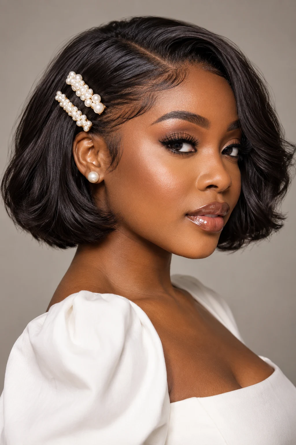 Pearl-Clip Short Bob — hairstyles for short hair black women style outfit