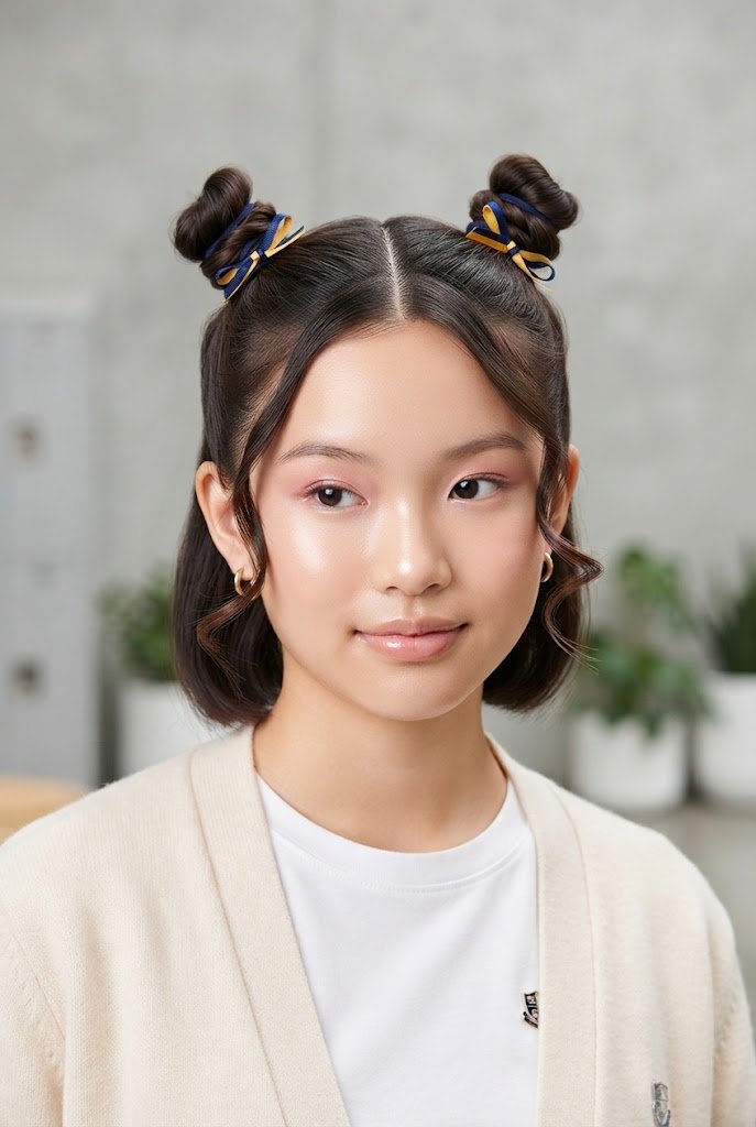 Double Mini Space Buns for Spirit Week — hairstyles for short hair for schools style outfit