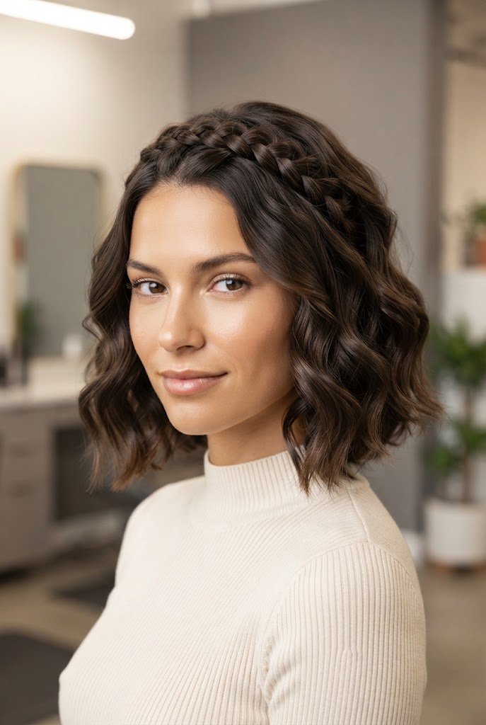 The Crown Braid Accent for Short Wavy Bobs — hairstyles for short wavy hair style outfit