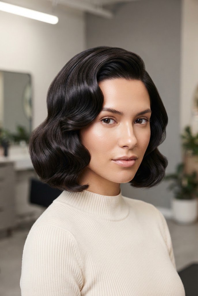 The Retro-Inspired Wavy Bob with Deep Side Sweep — hairstyles for short wavy hair style outfit