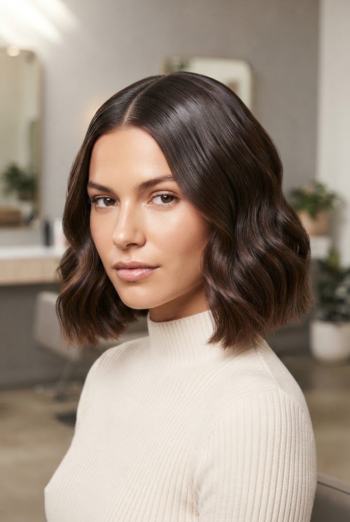 The Sleek-Root Wavy Bob — hairstyles for short wavy hair style outfit