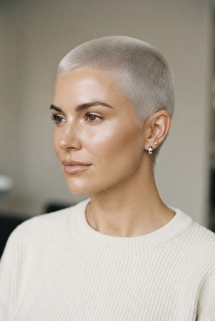The Ultra-Defined Platinum Buzz — hairstyles for very short hair style outfit