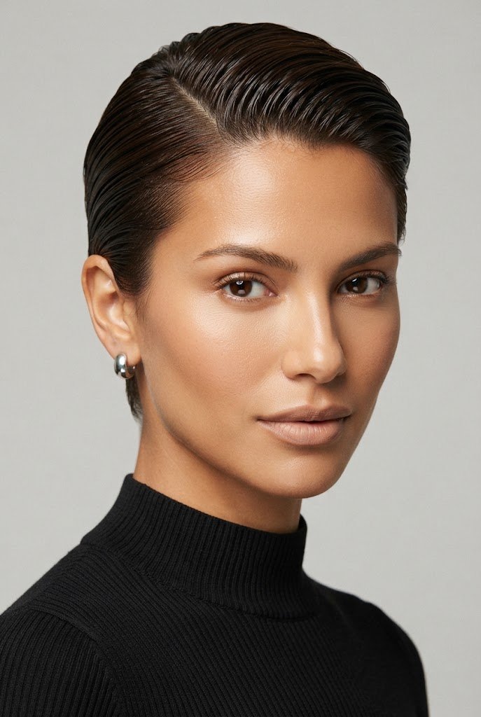 Swept-Back Wet-Look Crop — hairstyles for very short hair style outfit