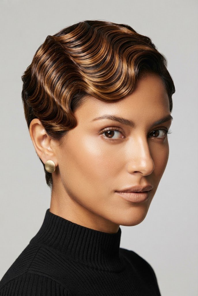 Golden-Brown Finger-Wave Pixie — hairstyles for very short hair style outfit