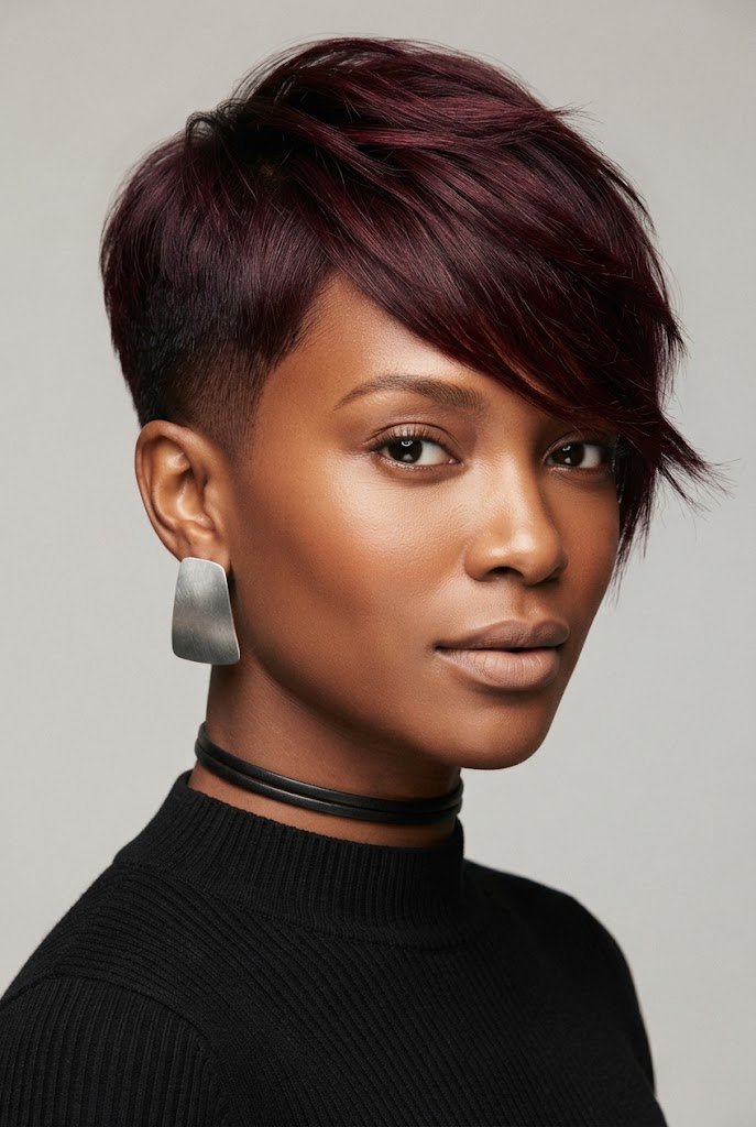 Bold Burgundy Asymmetrical Crop — hairstyles for very short hair style outfit